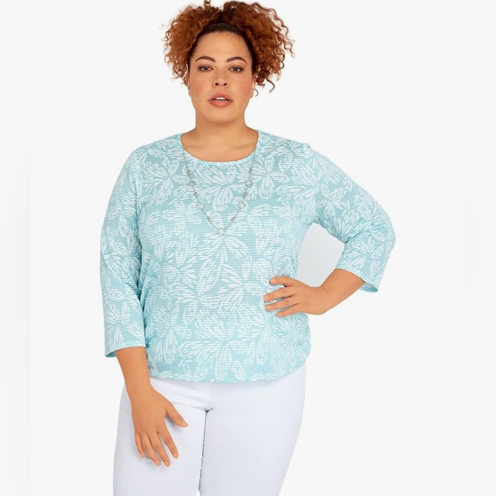 NWT Alfred Dunner Women's Floral Jacquard Butterfly Knit Top w/ Necklace Size XL